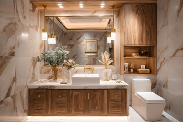 Luxurious bathroom with marble tiles, wood cabinets, and warm lighting