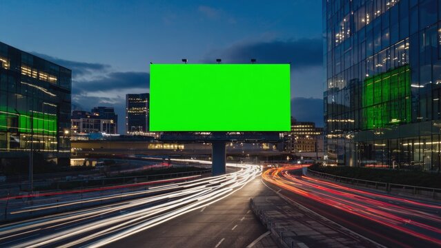 Bright green screen billboard stands illuminated above a city highway at nightfall, ideal for advertising mockups, digital marketing visuals, and modern urban branding in commercial campaigns - Powered by Adobe