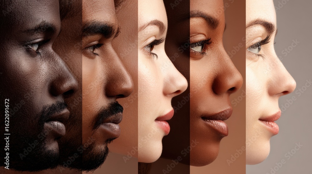 Aufkleber ethnic diversity displayed through side profiles with natural glow in a vertical layout highlighting