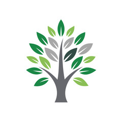 Vector art of stylized tree with green and gray leaves isolated on white background