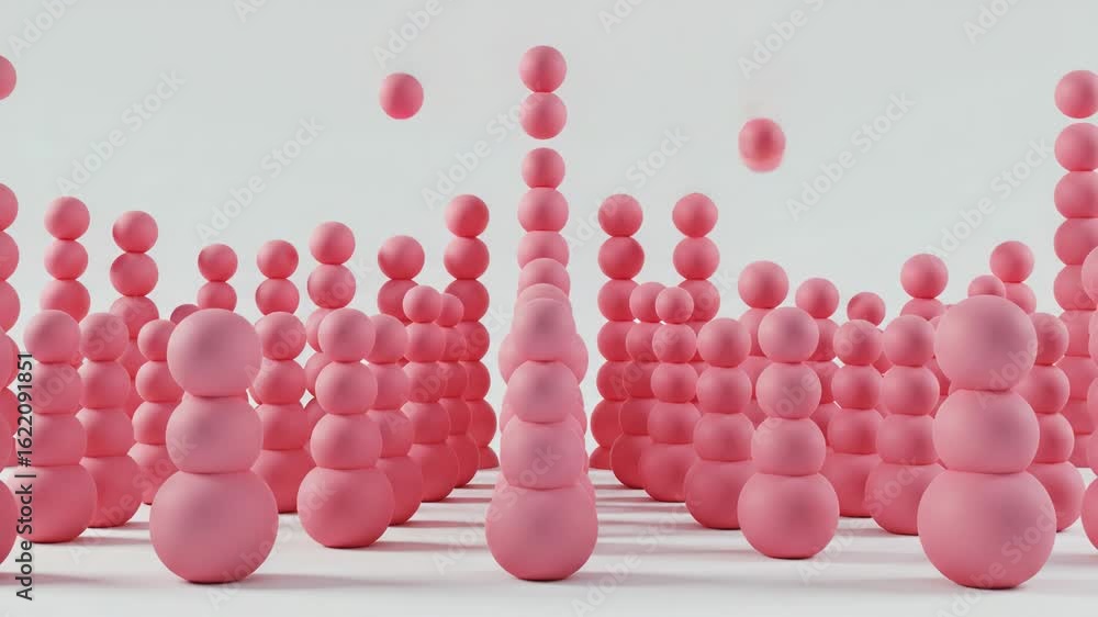 Poster rows of stacked pink spheres create an abstract and minimalist pattern against a white background in