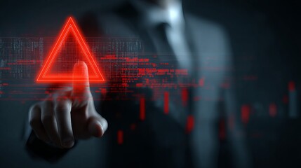 A businessman in a suit pressing a glowing red warning symbol, symbolizing alertness and caution in a digital environment.