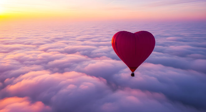 Aerial Sunrise Scene of Heart-Shaped Magenta Hot Air Balloon Floating Above Pink and Purple Cloudscape – Romantic and Dreamlike Travel Moment