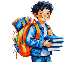 Watercolor School Boy with Backpack – Modern Illustration
