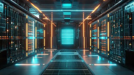 Server room is glowing with blue and orange lights in a futuristic data center - Powered by Adobe