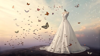 Obraz premium Surreal White Dress Sculpture with Butterflies Transforming 
