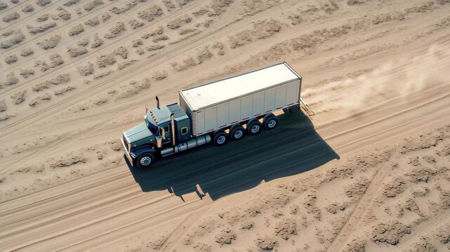 Truck navigating through the sandy paths of Yuma Desert under the bright sun, Aerial view of a truck in Yuma Desert