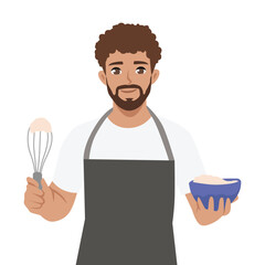 Man Cooking with Bowl and Whisk. Flat Vector character illustration
