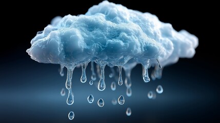 3D rendered rain cloud dripping realistic water drops against blue background representing storm weather and climate simulation concept, Generative AI