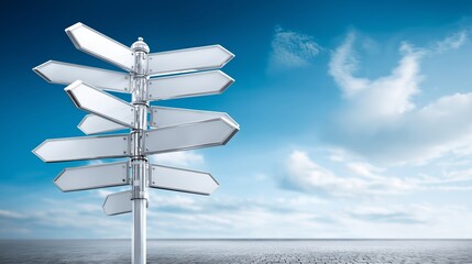 Multiple white wooden direction signs pointing in various directions on blue background representing guidance, travel options and navigation, Generative AI