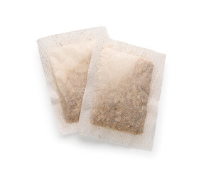 Tea bags isolated on white background, closeup