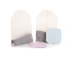 Tea bags isolated on white background, closeup