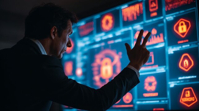 A focused man in a suit interacts with a digital security interface, representing cybersecurity and modern technology.