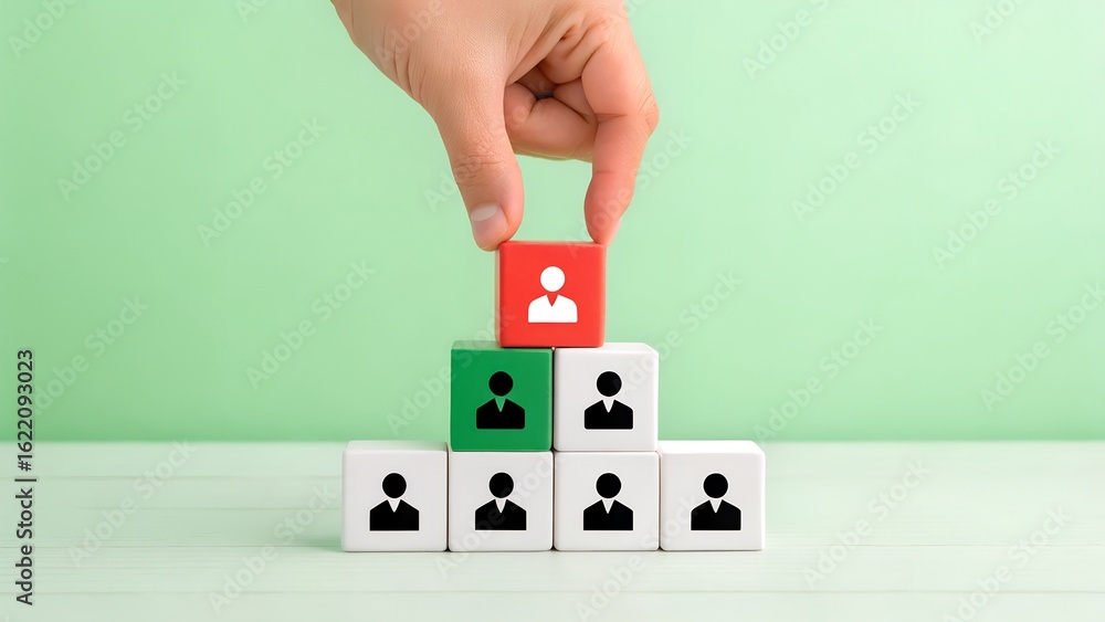 Poster leadership and team hierarchy concept. hand placing red block with person icon on top of pyramid. em
