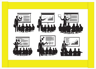 Fototapeta premium Business Presentation Silhouettes Vector Set of Six Different Scenes for Corporate Training and Development Meetings