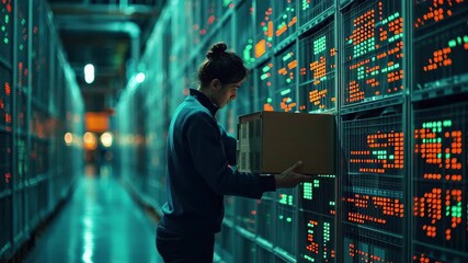 Warehouse worker carries box while monitoring stock market data on screens in a busy storage facility, Carrying box in warehouse, worker with stock market data over - Powered by Adobe