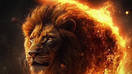 Majestic lion emerging from blazing inferno with fiery mane
