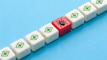 Bug detection in software system. Highlighted red cube among uniform blocks shows vulnerability in digital process, symbolizing cybersecurity threats, quality assurance, and system debugging