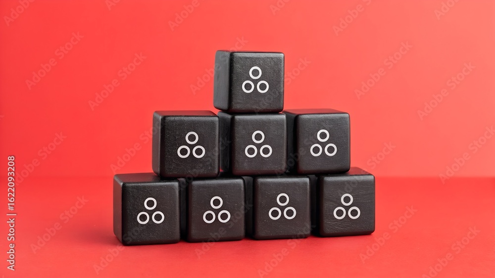 Poster black cubes with triangular white dot patterns stacked in a pyramid formation on red backdrop. abstr