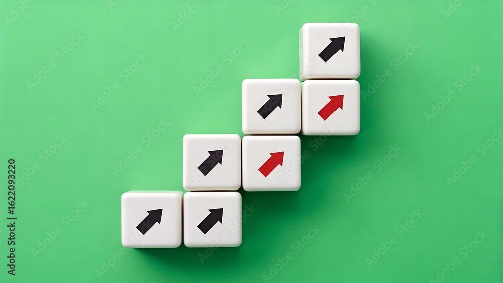 Poster white cubes with identical arrow icons arranged diagonally on green surface. conceptual image illust