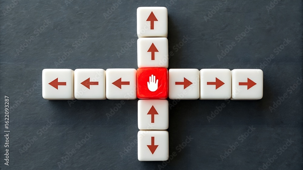 Poster directional tile concept with arrows surrounding a red command symbol. abstract control, decision-ma