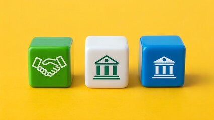 Handshake icon on green cube beside two institutional buildings. Strategic partnership meets traditional finance. Abstract representation of collaboration, fintech integration, and evolution