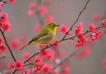 Spring's Gentle Song: Yellow Bird on Pink Blossom Branch
