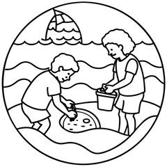 A unique, aerial perspective in clean line art, showing children building a sandcastle from above. This flat lay style vector is modern and trendy, suitable for blog graphics, social media content, 
