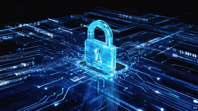 Futuristic 3D-rendered padlock stands above a glowing digital motherboard, symbolizing strong encryption, virtual protection, data privacy, secure systems, and advanced cybersecurity infrastructure.
