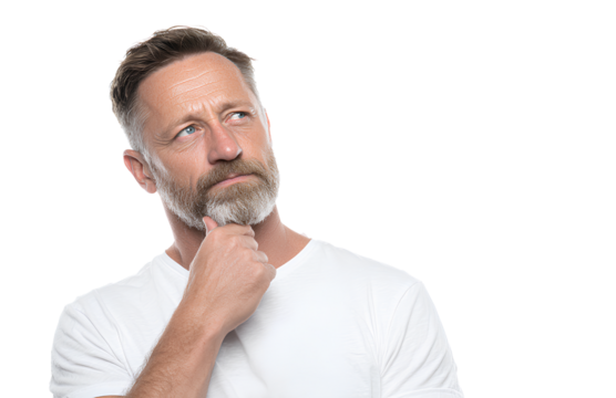  Man in white shirt thinking facing right white background