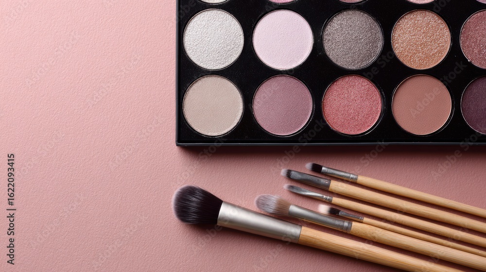 Poster elegant eyeshadow palette with soft brushes arranged on a matte surface with empty space on top righ