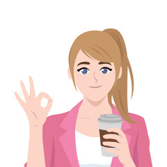 Happy Woman Enjoying Coffee. Flat Vector character illustration
