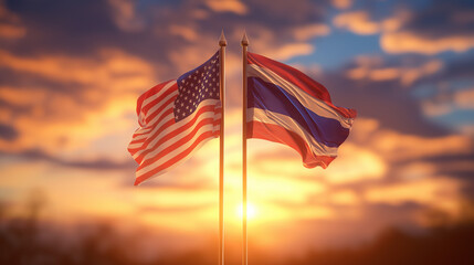 Cultural exchange event u.S. And thailand flags in sunset outdoor ceremony serene atmosphere symbol of friendship