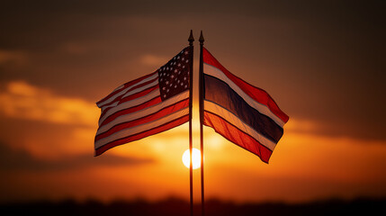 Obraz premium Sunset flags of the united states and thailand outdoor event peaceful atmosphere inspirational viewpoint
