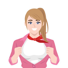 Smiling Woman Revealing Hero Identity. Flat Vector character illustration