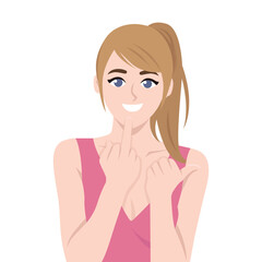 Woman in a pink top smiling while raising her middle finger in a provocative or defiant gesture. Flat Vector character illustration