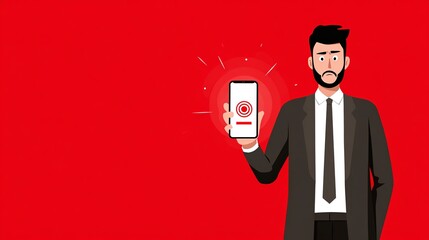 A young, bearded man in a suit holds a smartphone, looking concerned against a vibrant red background.
