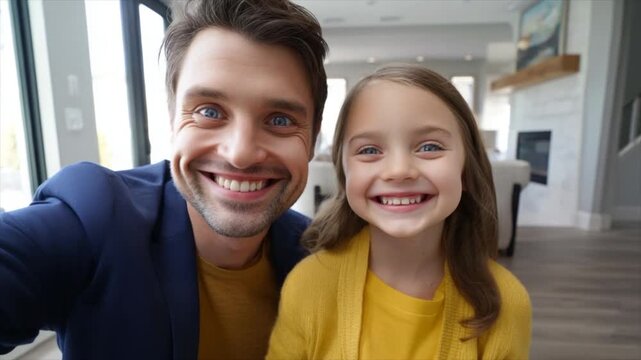 A young girl and her father making silly duck faces