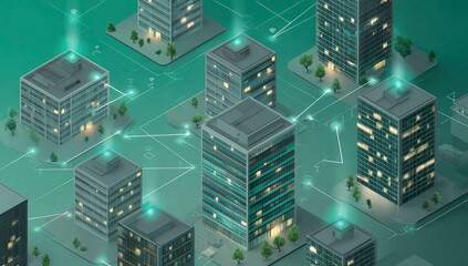 Obraz premium Smart City Network Data Flows Between Buildings at Night