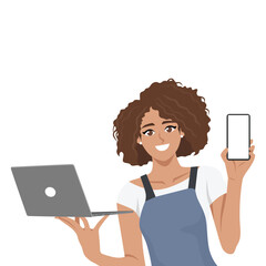 Cheerful Woman with Laptop and Smartphone. Flat Vector character illustration
