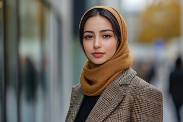 Portrait of a young Muslim woman in a coat, standing outdoors in the city while scrolling on her smartphone, showcasing modern fashion and connectivity, Generative AI
