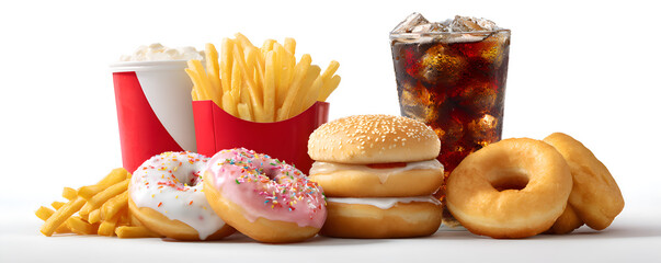 Fast food meal with donuts soda and french fries image