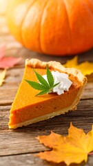 A slice of pumpkin pie, garnished with whipped cream and a cannabis leaf, sits on a rustic wooden surface with autumn leaves and a blurred pumpkin in the background