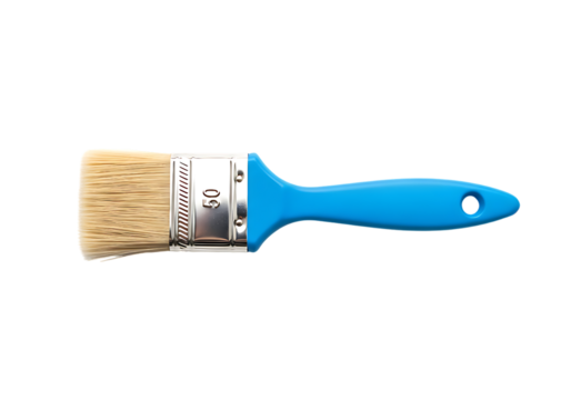 Studio shot of a new paintbrush with blue handle, isolated on black background.