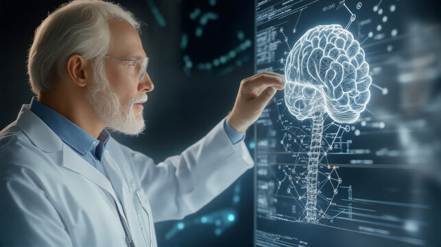 Elderly medical professional examining brain graphics in research facility - Concept of Psychedelic Therapy and Mental Health  