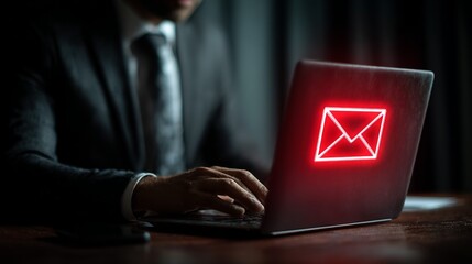 A business professional typing on a laptop with a glowing envelope symbol, symbolizing email communication in a modern office setting.