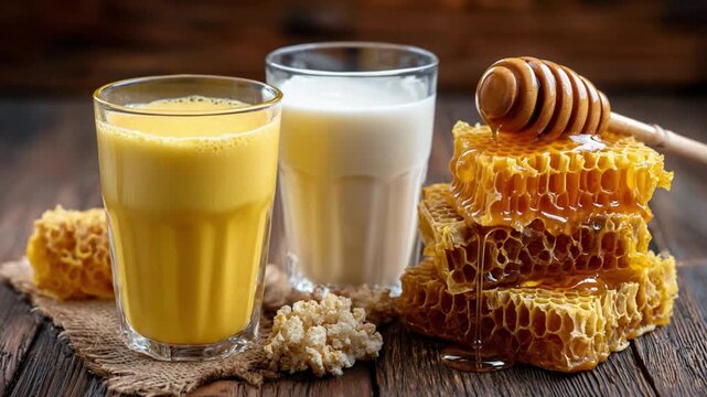 Golden Nectar and Milk Harmony: A visually appealing composition, showcasing a glass of golden turmeric milk and another of fresh milk, alongside honeycomb and honey dipper.
