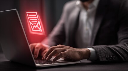 Close-up of a male professional typing on a laptop, with a glowing email notification above the keyboard.