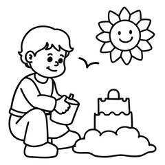 Adorable and simple vector outline of a toddler's first sandcastle adventure. This charming line art is perfect for baby products, greeting cards, and nursery decor. Its simplicity makes it versatile 