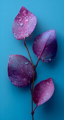 Four purple leaves with water droplets on blue background